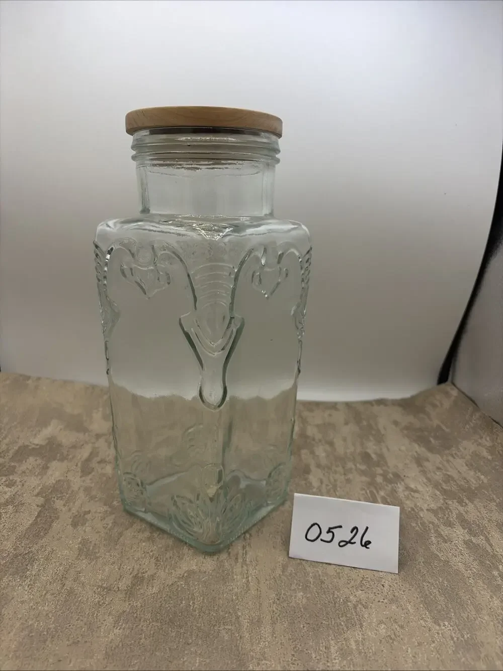 Embossed Glass Storage Jar With Wooden Lid Decorative Canister Kitchen Vintage